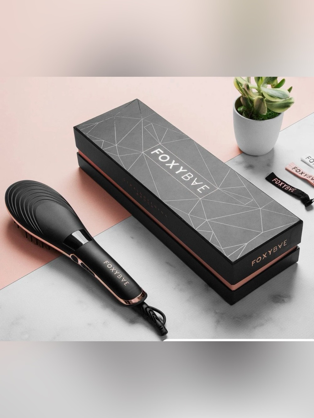 Foxybae Black & Rose Gold Straightening Brush Hair Styling Made Easier Hot Brush